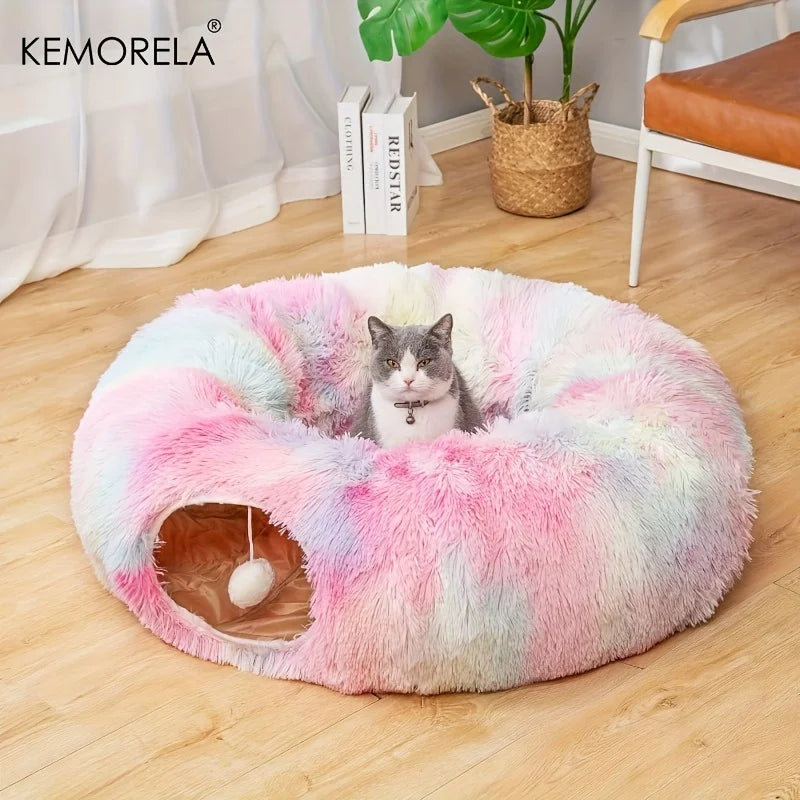KEMORELA Foldable Cat Tunnel Bed with Cushion | Connectable Cat Tunnel Bed SPOT Rainbow