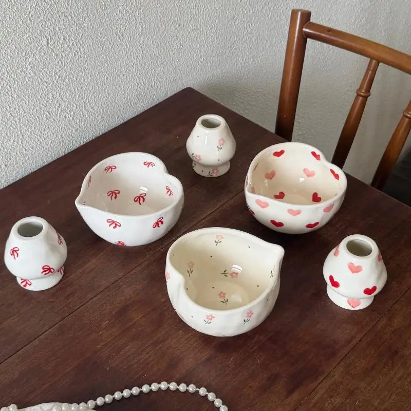 Heart Ceramic Matcha Bowl & Whisk Holder Set – Hand-Painted Ceramic Tea Set SPOT
