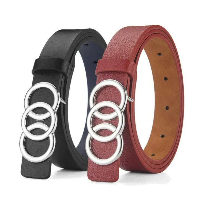 Women's PU Leather Belt – Silver Triple Circle Buckle Women's Fashion Belt SPOT