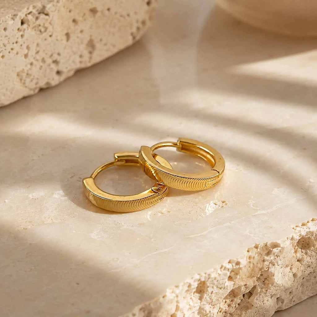 Ribbed Gold Plated Huggie Hoop Earrings – Vintage Textured Huggie Hoop Earrings SPOT