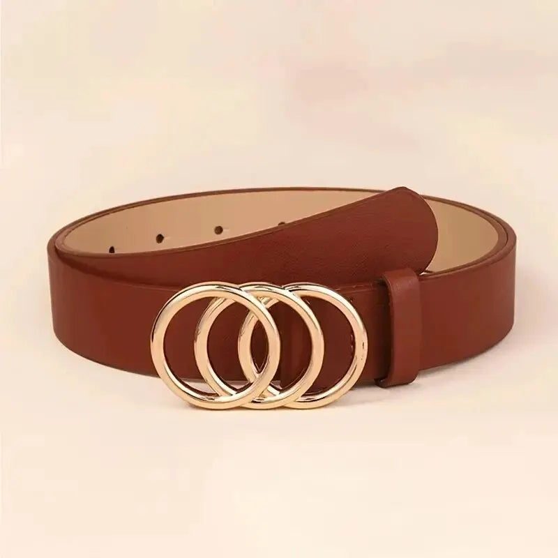 Women's PU Leather Belt – Triple Round Buckle for Jeans & Dresses Women's Fashion Belt SPOT Burgundy 105CM