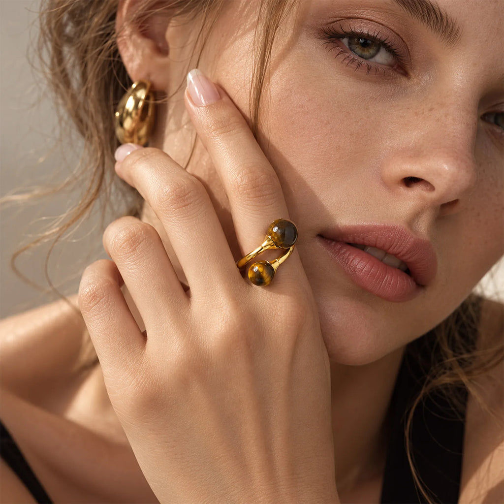 Tiger Eye Double Stone Adjustable Ring – 18K Gold Plated Fashion Ring SPOT