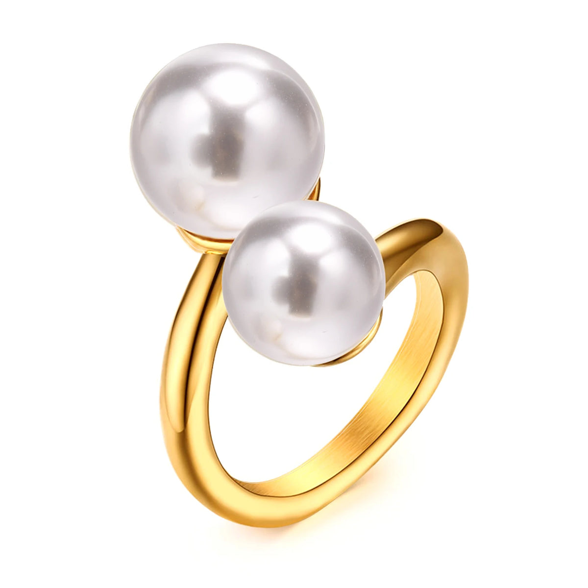 Double Pearl Open Cuff Ring – 18K Gold Stainless Steel Pearl Cuff Ring SPOT R-256G US Ring size 08