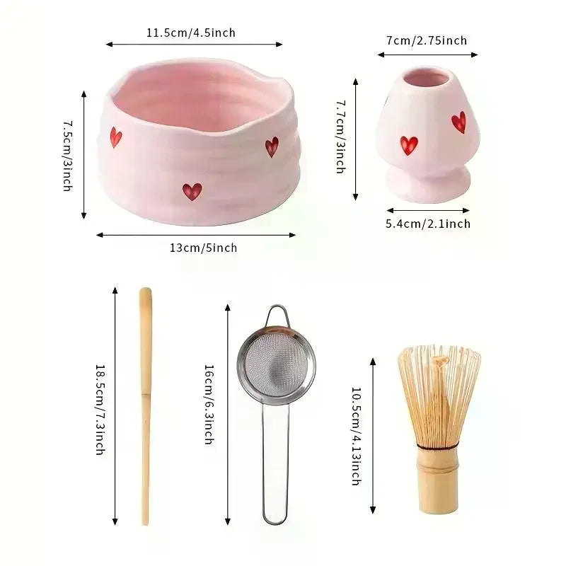 Heart Decal Ceramic Matcha Set – Bowl, Whisk, Scoop & Holder Matcha Tea Set SPOT