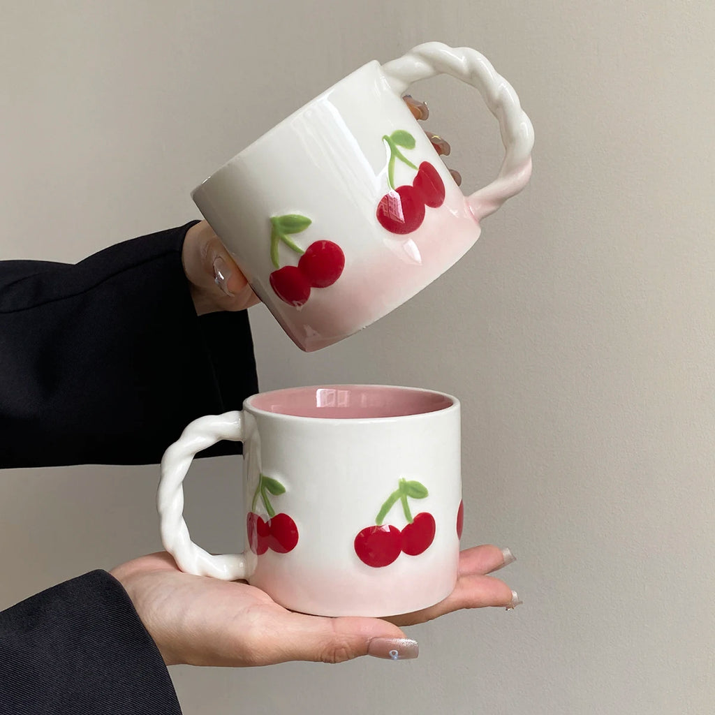 Pink Cherry Ceramic Mug 370ml – Twist Handle Gradient Cup Ceramic Coffee Mug SPOT
