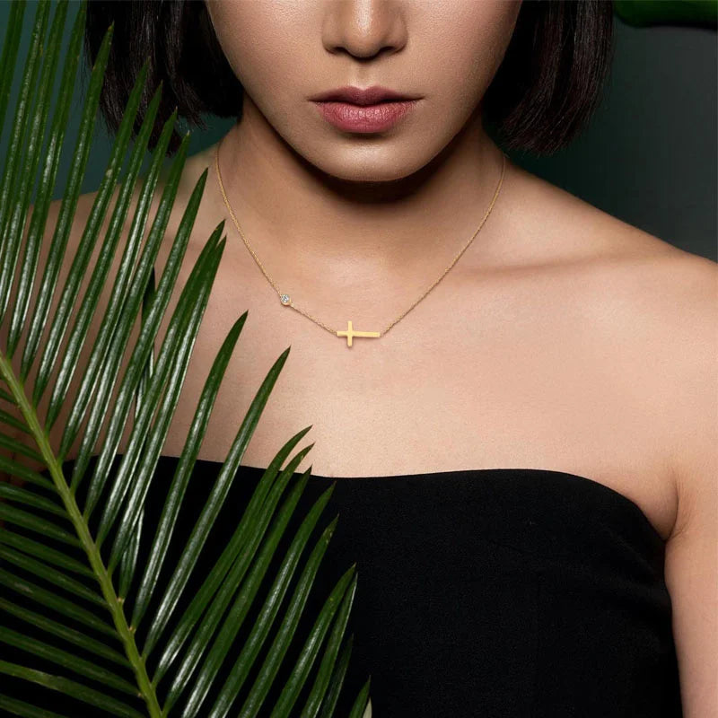 Petite Sideways Cross Necklace – Stainless Steel Gold & Silver Cross Pendant Necklace SPOT