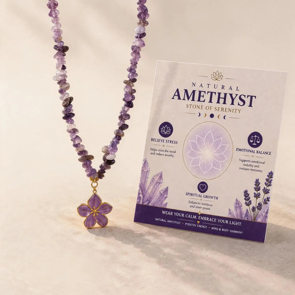 Flower Pendant Necklace – Stainless Steel & Amethyst Beads Pendant Necklace SPOT