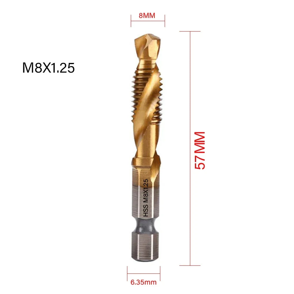6-Pc Metric Titanium Drill Tap Bit Set M3–M10 | 1/4" Hex Shank Drill Tap Bit Set SPOT M8X1.25 Golden