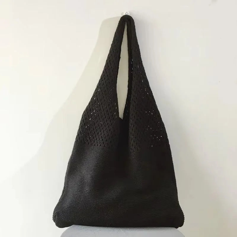 Women's Knit Tote Bag – Large Vintage Shoulder Handbag Knit Tote Bag SPOT black