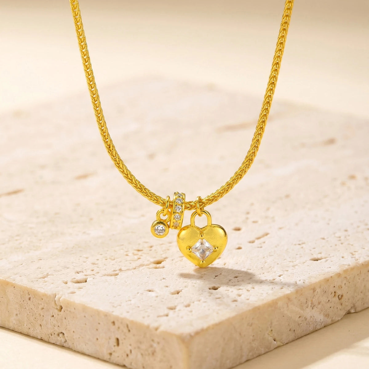 18K Gold Heart Lock Pendant Necklace – Zircon Wheat Chain Women Pendant Necklace SPOT