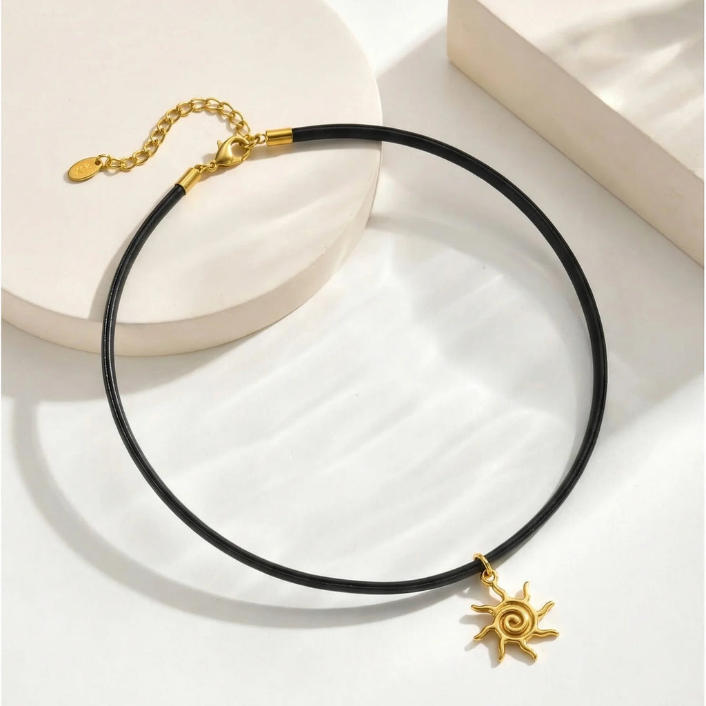Gothic PU Leather Choker – Gold Sun Pendant Women's Necklace Choker Necklace SPOT