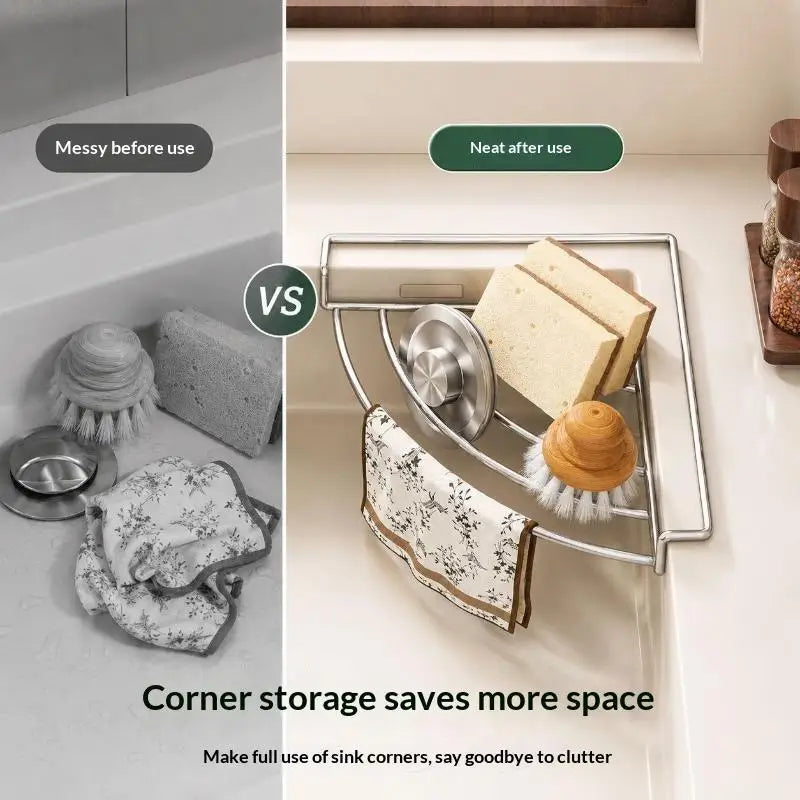 Stainless Steel Sink Corner Drain Rack – No-Drill Organizer Sink Corner Organizer SPOT