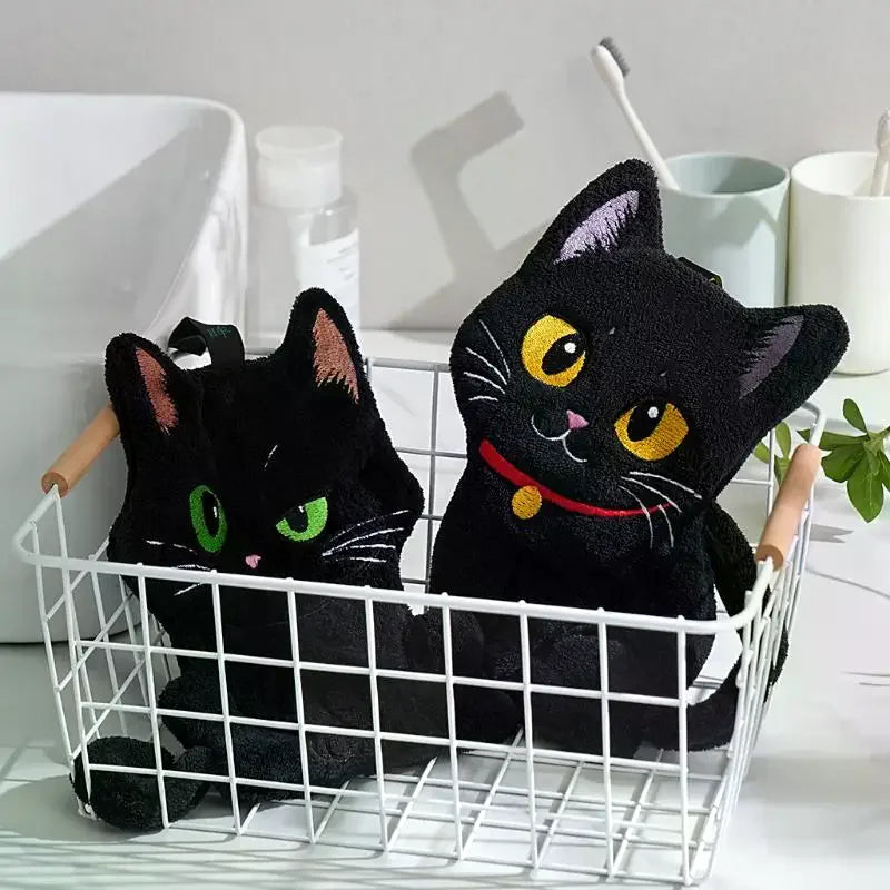 Cartoon Black Cat Hand Towel – Soft Absorbent Coral Fleece Novelty Hand Towel SPOT
