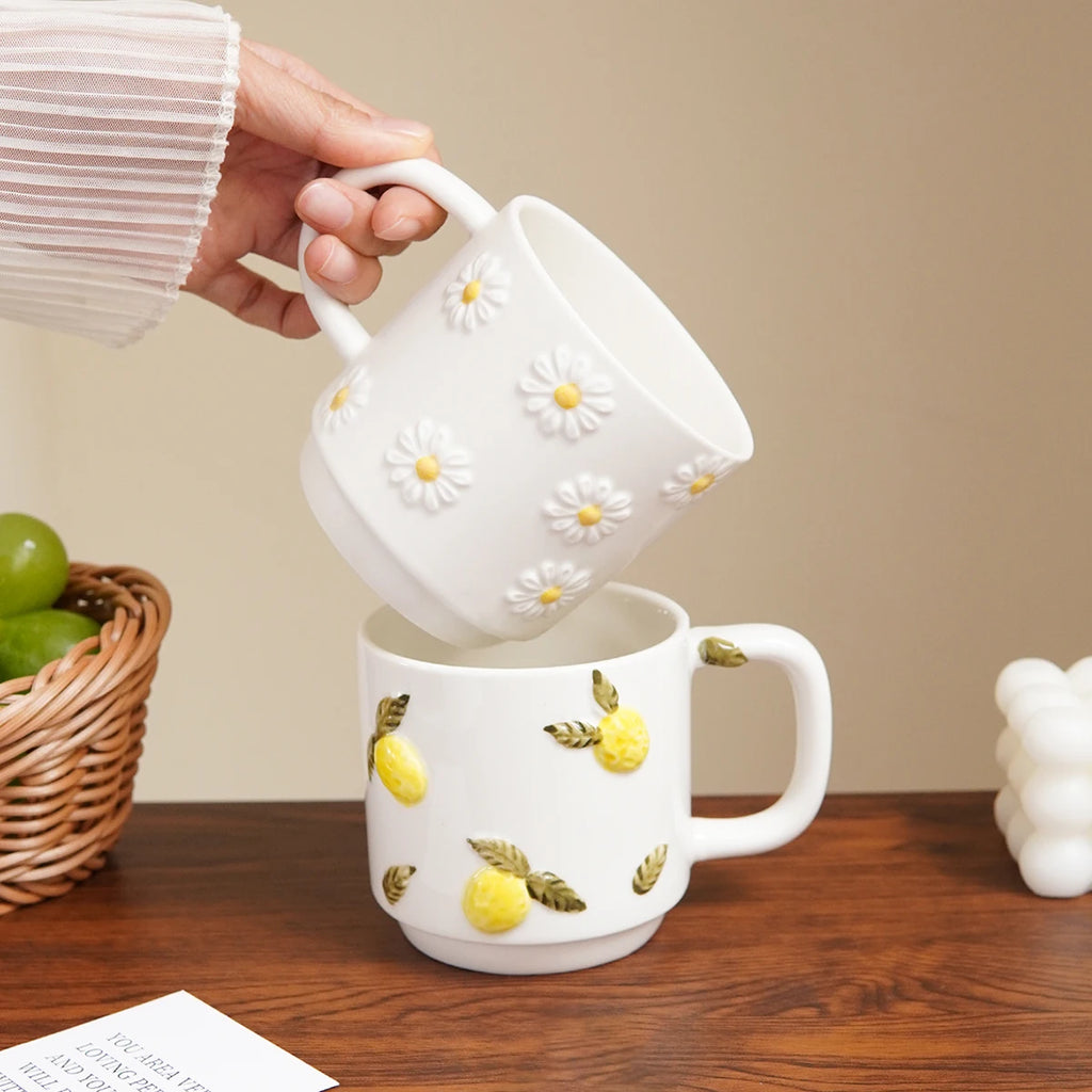 350ml Ceramic Mug – Embossed Chrysanthemum Hand-Painted Ceramic Coffee Mug SPOT