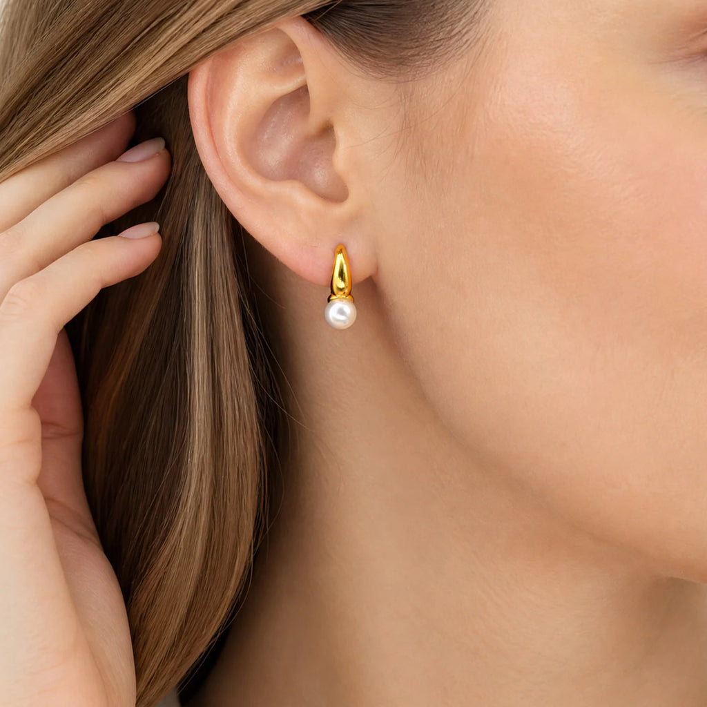Imitation Pearl Huggie Hoop Earrings – Minimalist Gold Hoops Huggie Hoop Earrings SPOT