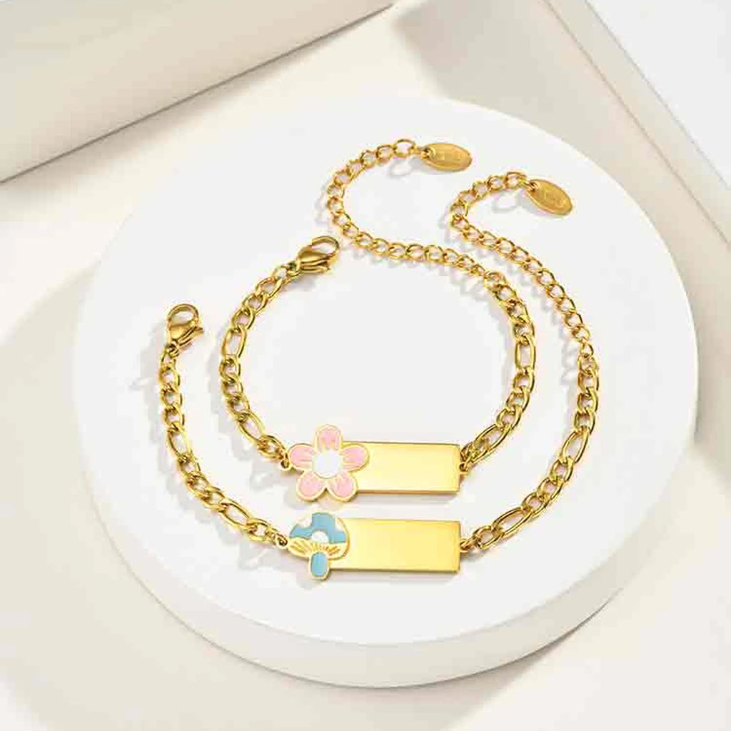 Engravable Gold Baby ID Bracelet – Pink Flower Figaro Chain Kids ID Bracelet SPOT