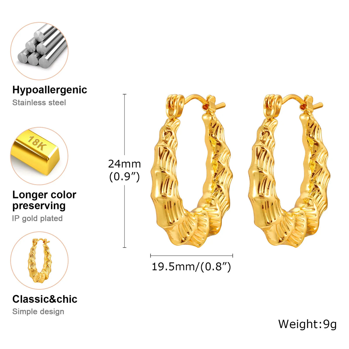 Bamboo Hoop Huggie Earrings – 18K Gold Plated Lightweight Hoop Huggie Earrings SPOT