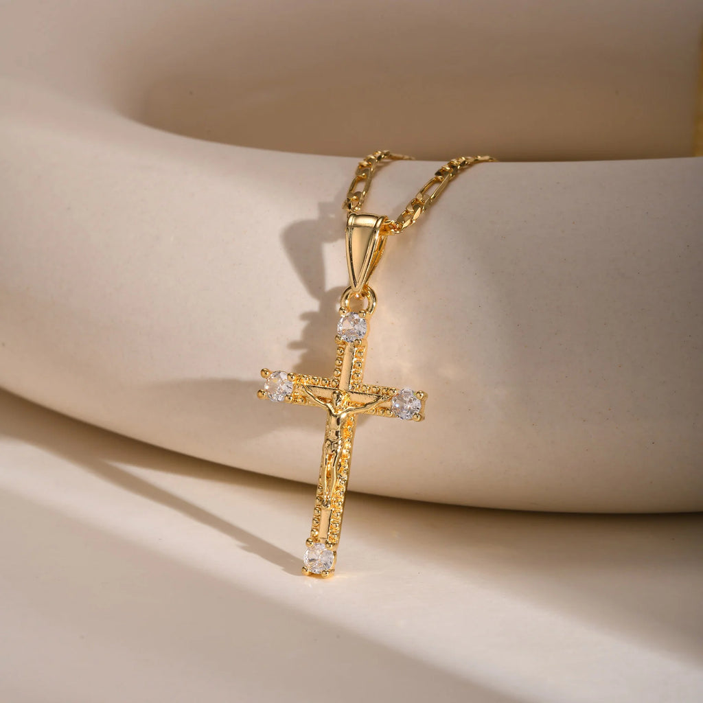 CZ Crucifix Cross Pendant Necklace – Gold Figaro Chain Cross Pendant Necklace SPOT