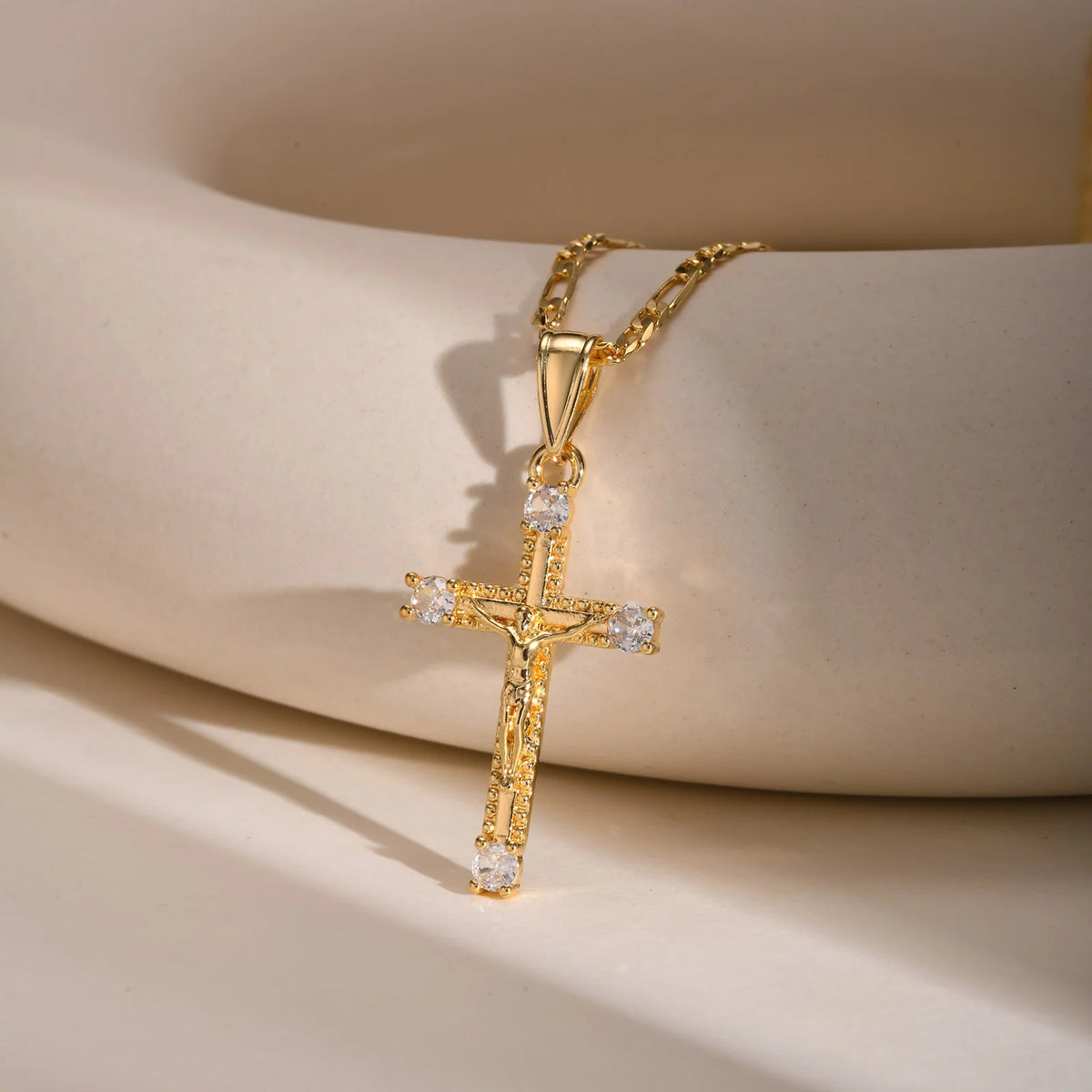 CZ Crucifix Cross Pendant Necklace – Gold Figaro Chain Cross Pendant Necklace SPOT