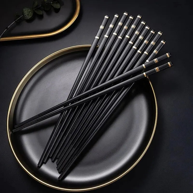 5-Pair Reusable Alloy Chopsticks – Non-Slip, Durable Black Set Reusable Chopsticks SPOT