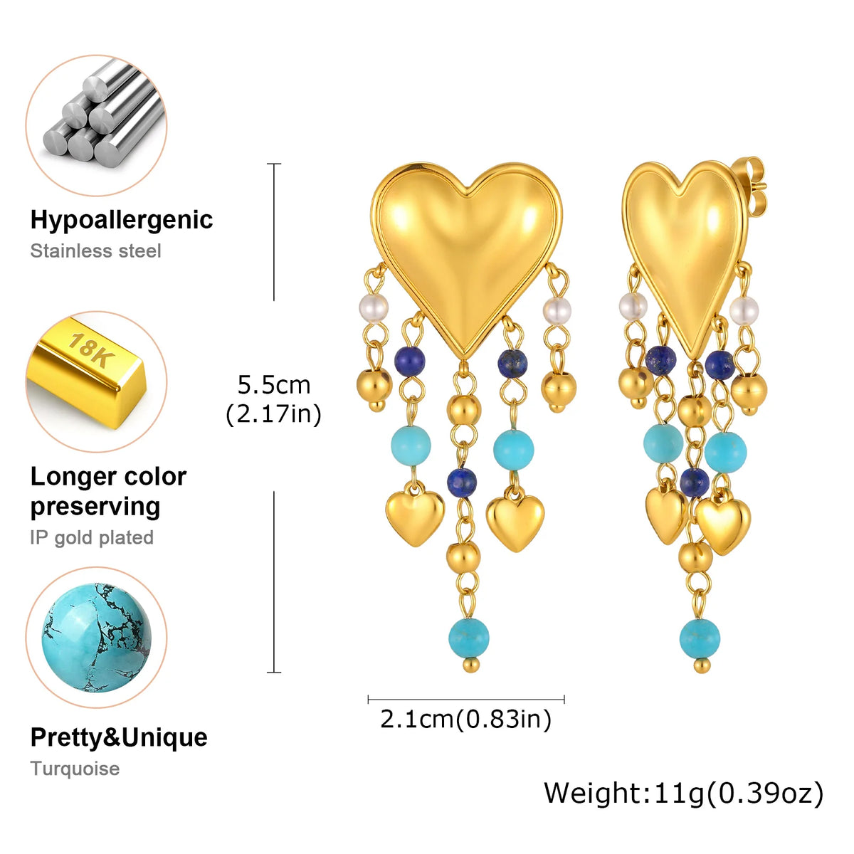 Heart Tassel Dangle Earrings – 18K Gold Plated Turquoise Pearl Dangle Drop Earrings SPOT