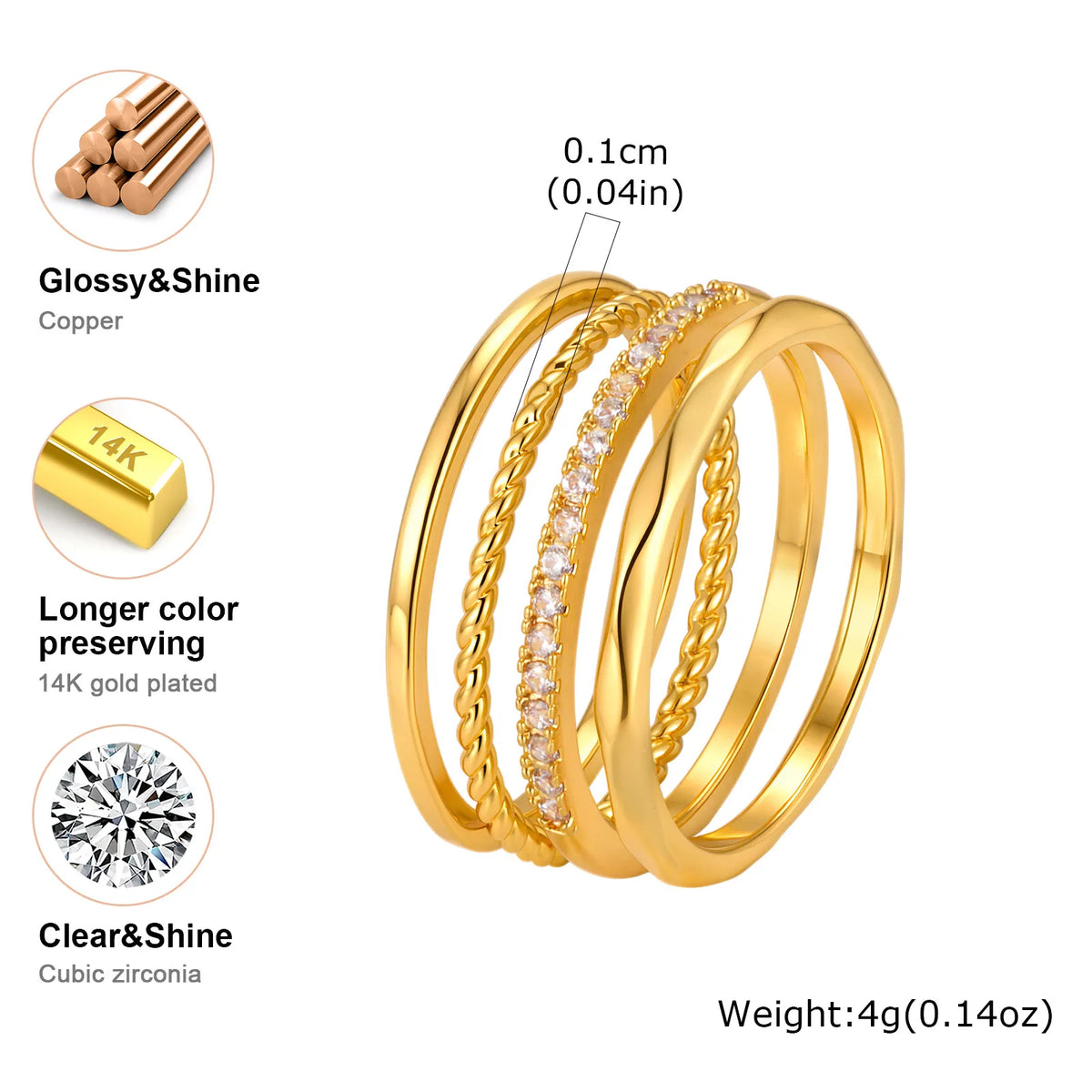 Stackable Rings Set 4pc – 18K Gold Plated CZ Twist Band Stackable Ring Set SPOT