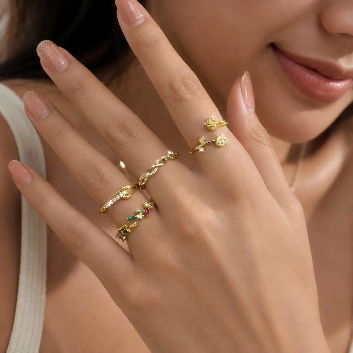 5-Piece Gold CZ Geometric Adjustable Ring Set for Women Fashion Ring Set SPOT