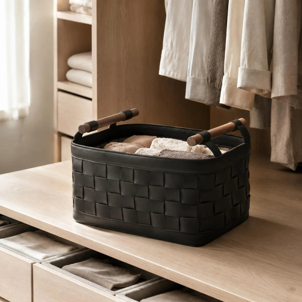 Woven Storage Basket with Wooden Handles & Leather Trim Woven Storage Basket SPOT
