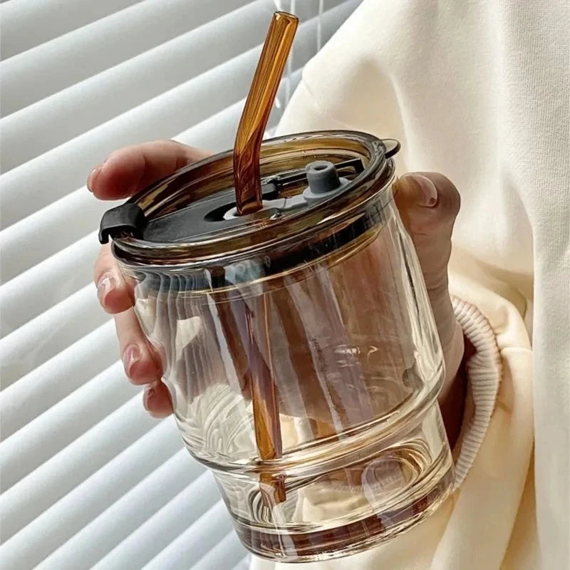 Striped Glass Cup with Lid & Straw – 400/450ml Bubble Tea Mug Glass Cup with Straw SPOT 400ML brown 301-400ml