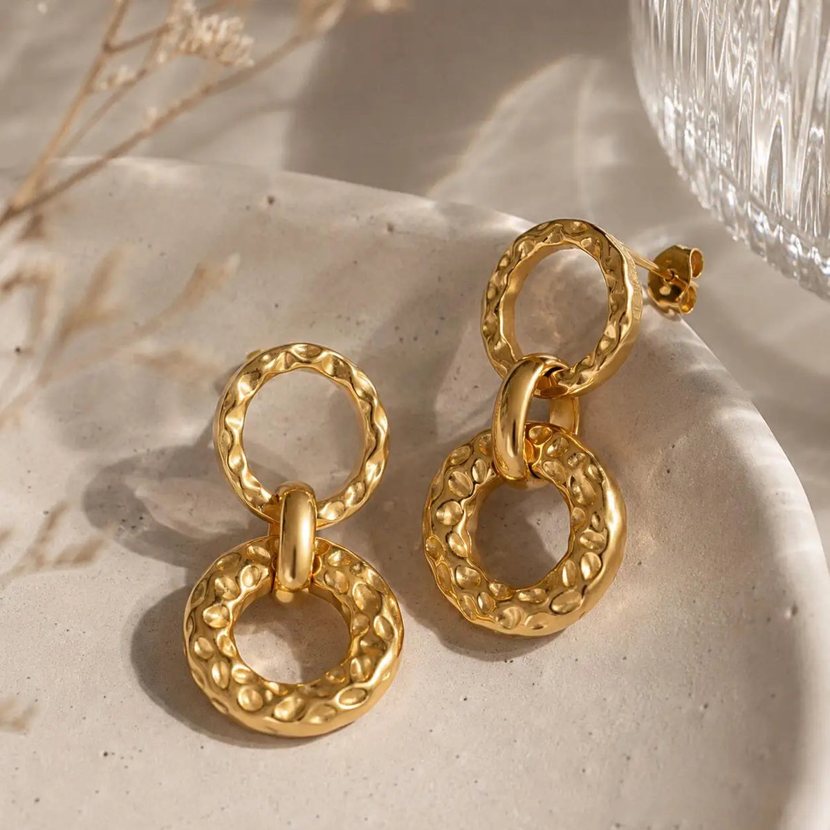 Hammered Double Circle Dangle Earrings – 18K Gold Plated Steel Dangle Earrings SPOT