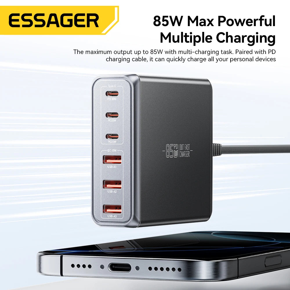 Essager 85W GaN 6-Port USB-C Desktop Fast Charging Station Desktop GaN Charger SPOT