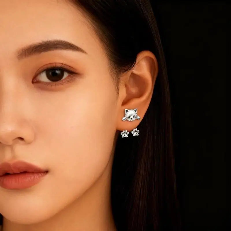 Vintage Silver Cat Paw Drop Earrings – Cute Animal Jewelry Drop Earrings SPOT
