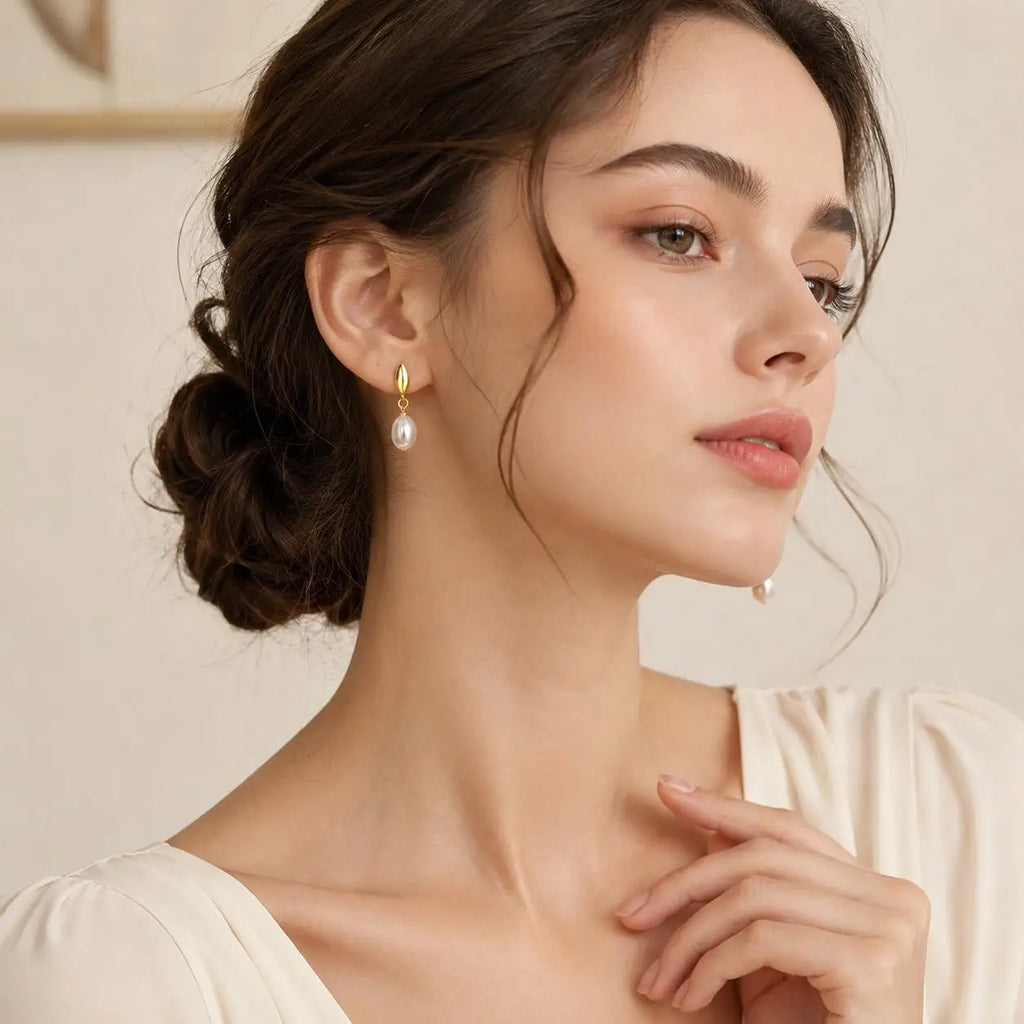 Gold Plated Pearl Drop Earrings – Elegant Teardrop Studs Pearl Drop Earrings SPOT