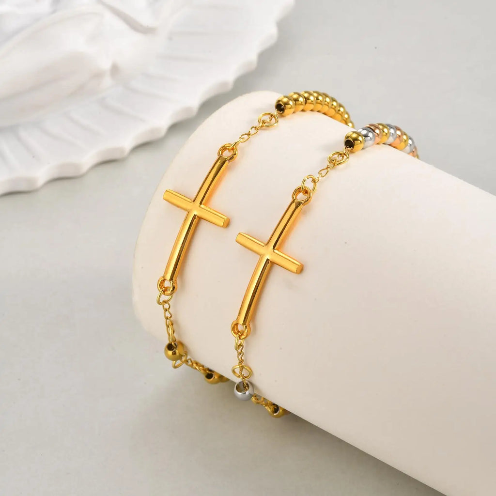 Virgin Mary Cross Bracelet – Triple Tone Rosary Bead for Women Religious Bracelet SPOT