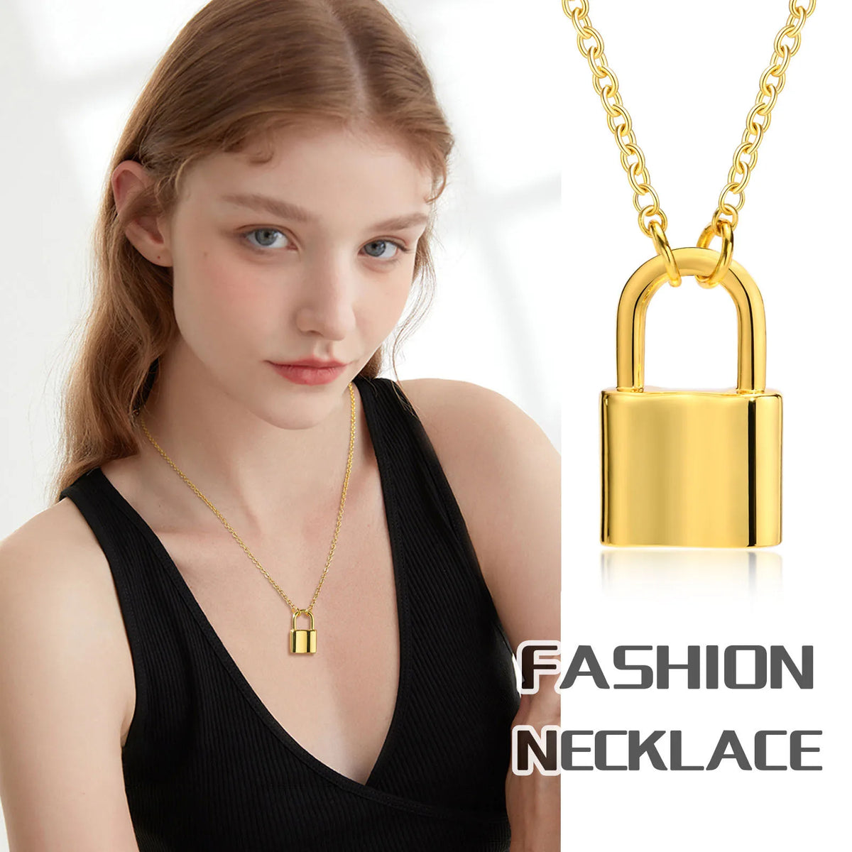 Meaeguet Padlock Pendant Necklace – Gold Stainless Steel Pendant Necklace SPOT