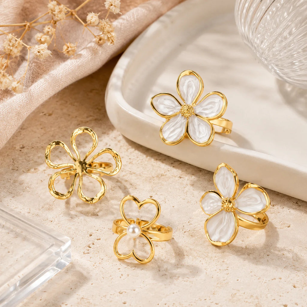 18K Gold Plated Floral Statement Ring – Open Adjustable Band Fashion Statement Ring SPOT
