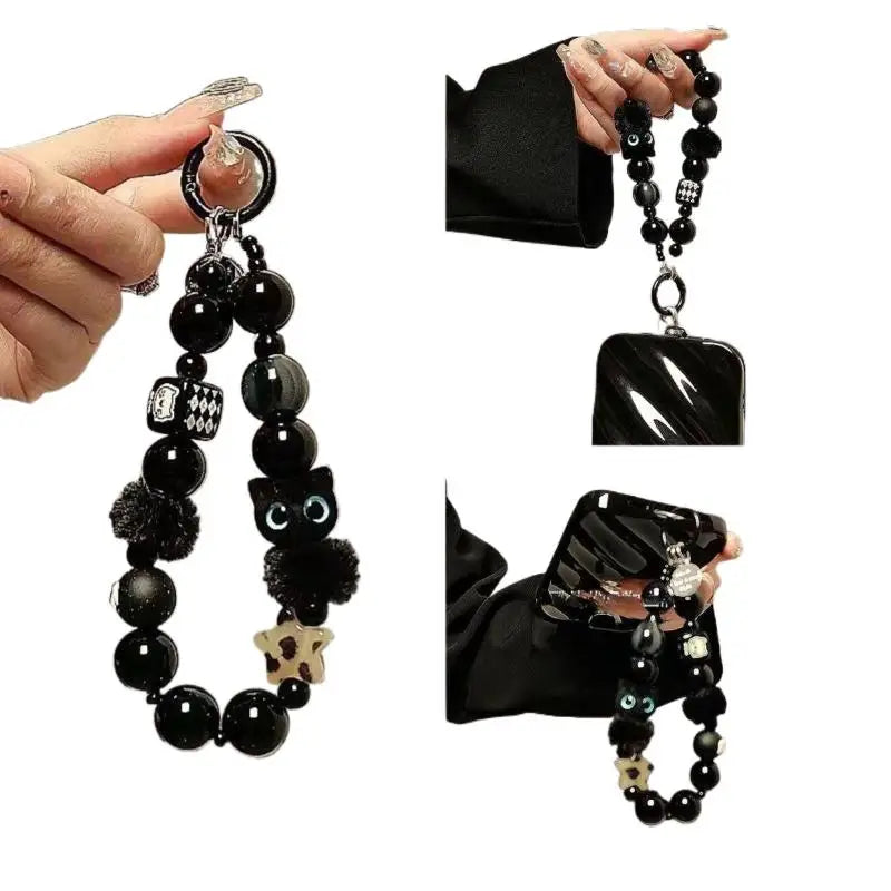 Fluffy Black Cat Phone Wrist Strap – Beaded Chain Lanyard Phone Wrist Strap SPOT