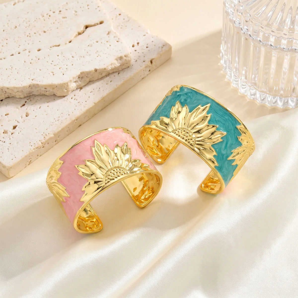 Enamel Sunflower Cuff Bangle – 18K Gold Plated Women's Bracelet Cuff Bangle Bracelet SPOT