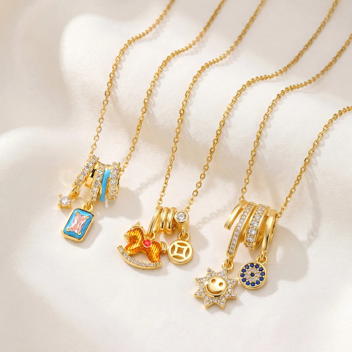 Multi Charm Necklace – 18K Gold Plated Stainless Steel CZ Charm Pendant Necklace SPOT
