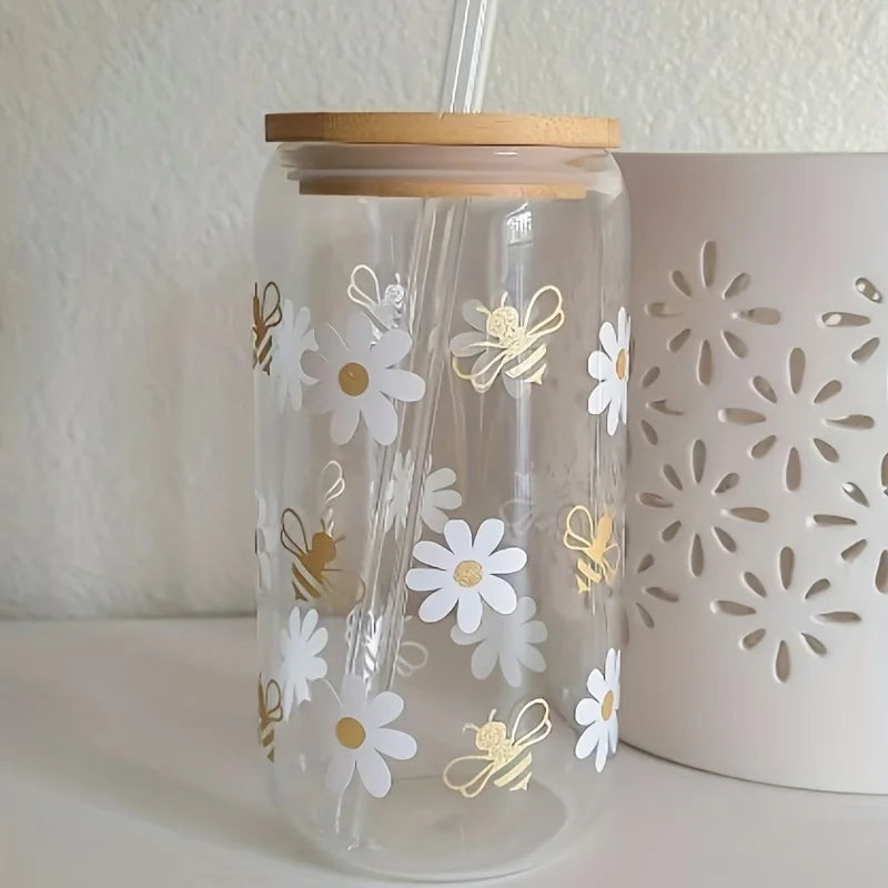 16oz Daisy Glass Cup with Lid & Straw – Iced Coffee Cup Glass Tumbler Cup SPOT blb-0008 16oz