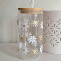 16oz Daisy Glass Cup with Lid & Straw – Iced Coffee Cup Glass Tumbler Cup SPOT blb-0008 16oz