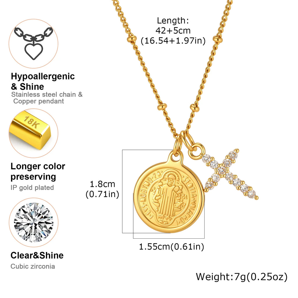 St Benedict Medal Cross Necklace – 18K Gold Stainless Steel Religious Pendant Necklace SPOT