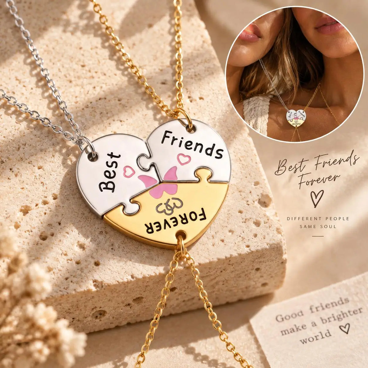 BFF Puzzle Heart Necklace Set for 3 – Gold & Silver Friendship Friendship Pendant Necklace SPOT Default Title