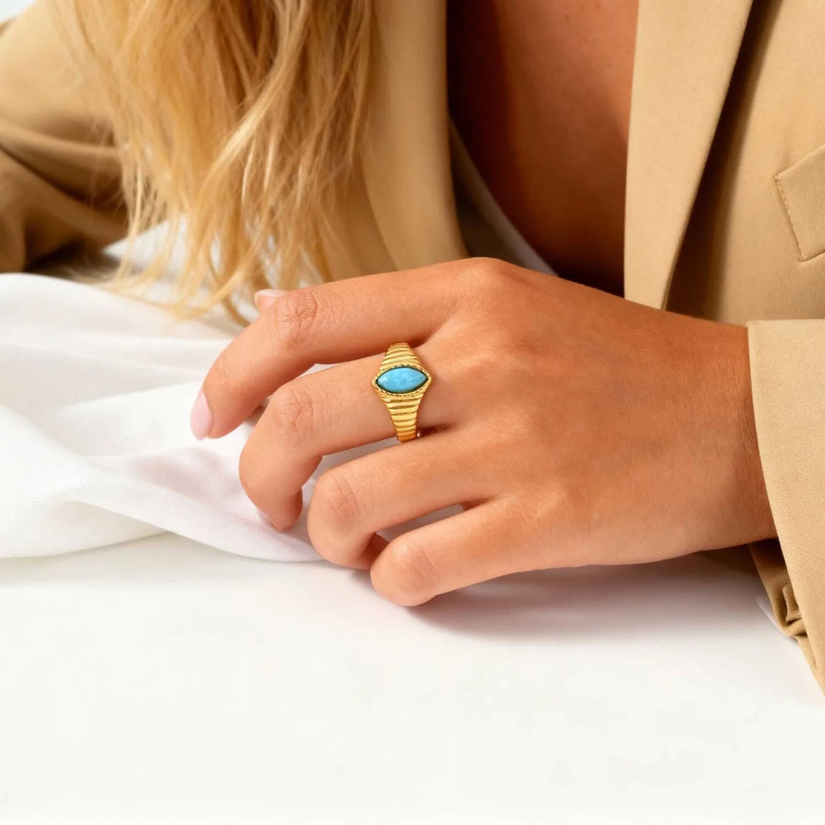 Women's Gold Turquoise Stone Ring – Waterproof Stainless Steel Fashion Ring SPOT US Ring Size 09