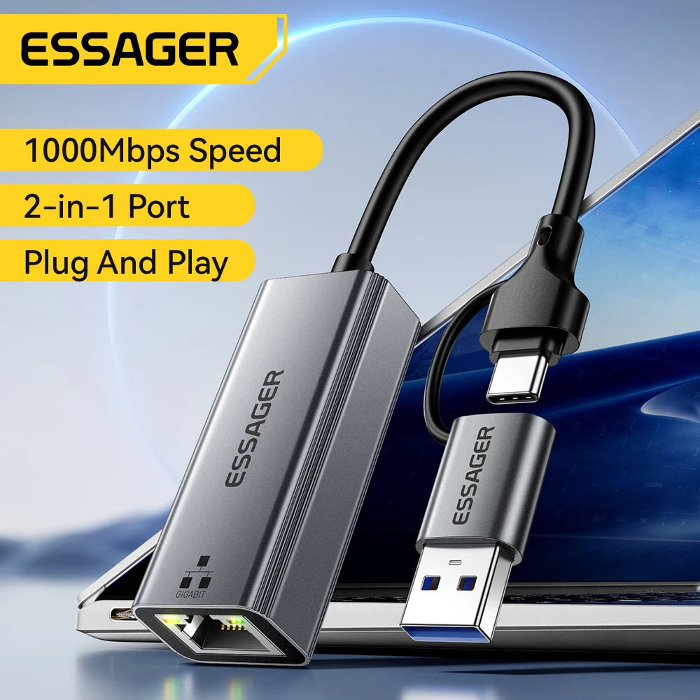 Essager 2-in-1 USB-A & USB-C to RJ45 Gigabit Ethernet Adapter Ethernet Adapter SPOT