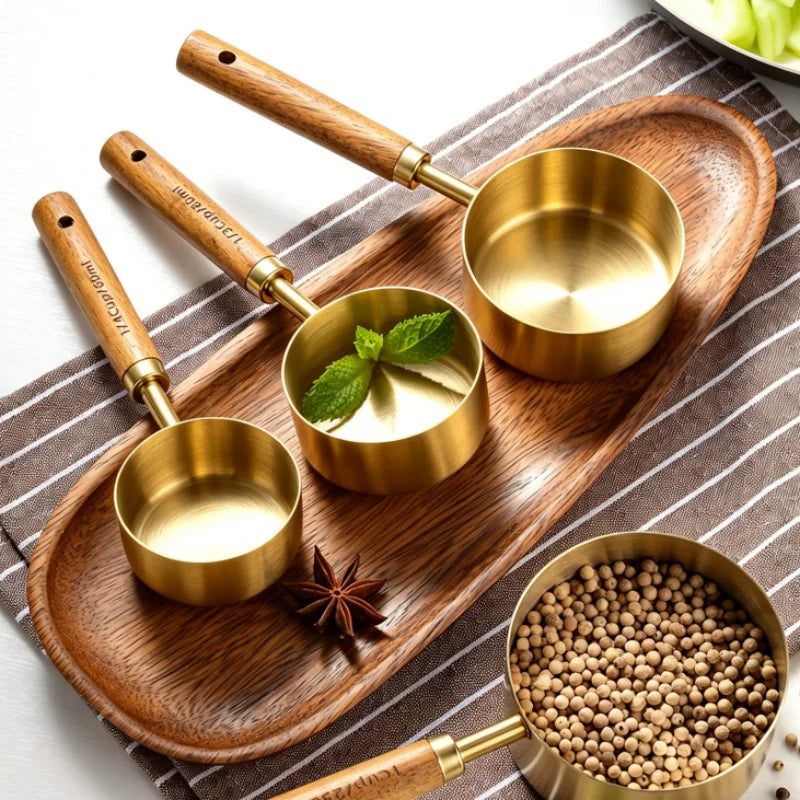 Gold-Plated Measuring Cup & Spoon Set – Rosewood Handle, 4-Pc Measuring Cup Set SPOT