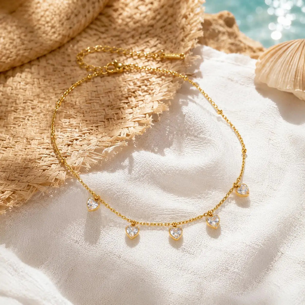 Gold Plated Heart CZ Anklet – Waterproof Satellite Chain Anklet Bracelet SPOT