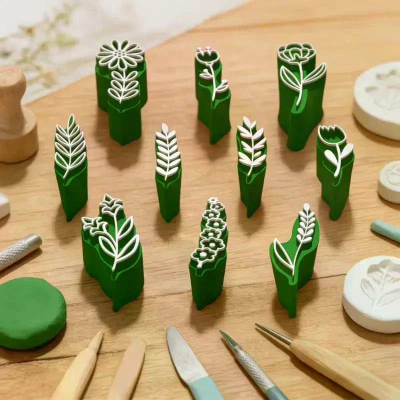 10-Pc Clay Stamp & Molding Kit – Flower & Leaf Patterns Clay Stamp Set SPOT