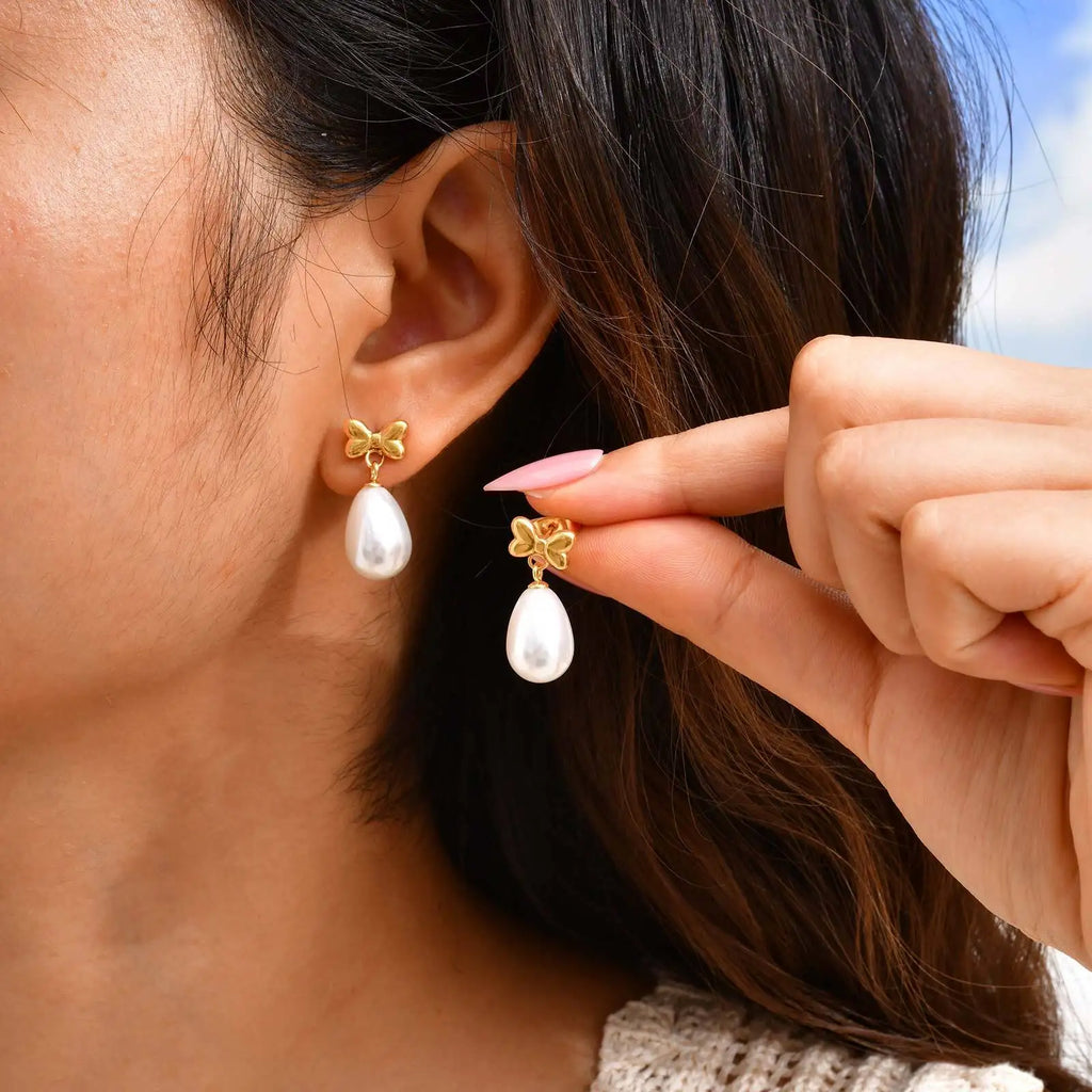 Bow Pearl Drop Earrings – Gold Bowknot Dangle for Women Drop Dangle Earrings SPOT