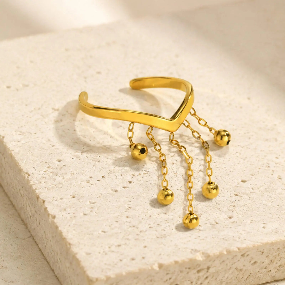 V-Shape Pearl Tassel Drop Ring – 18K Gold Stainless Steel Cocktail Ring SPOT